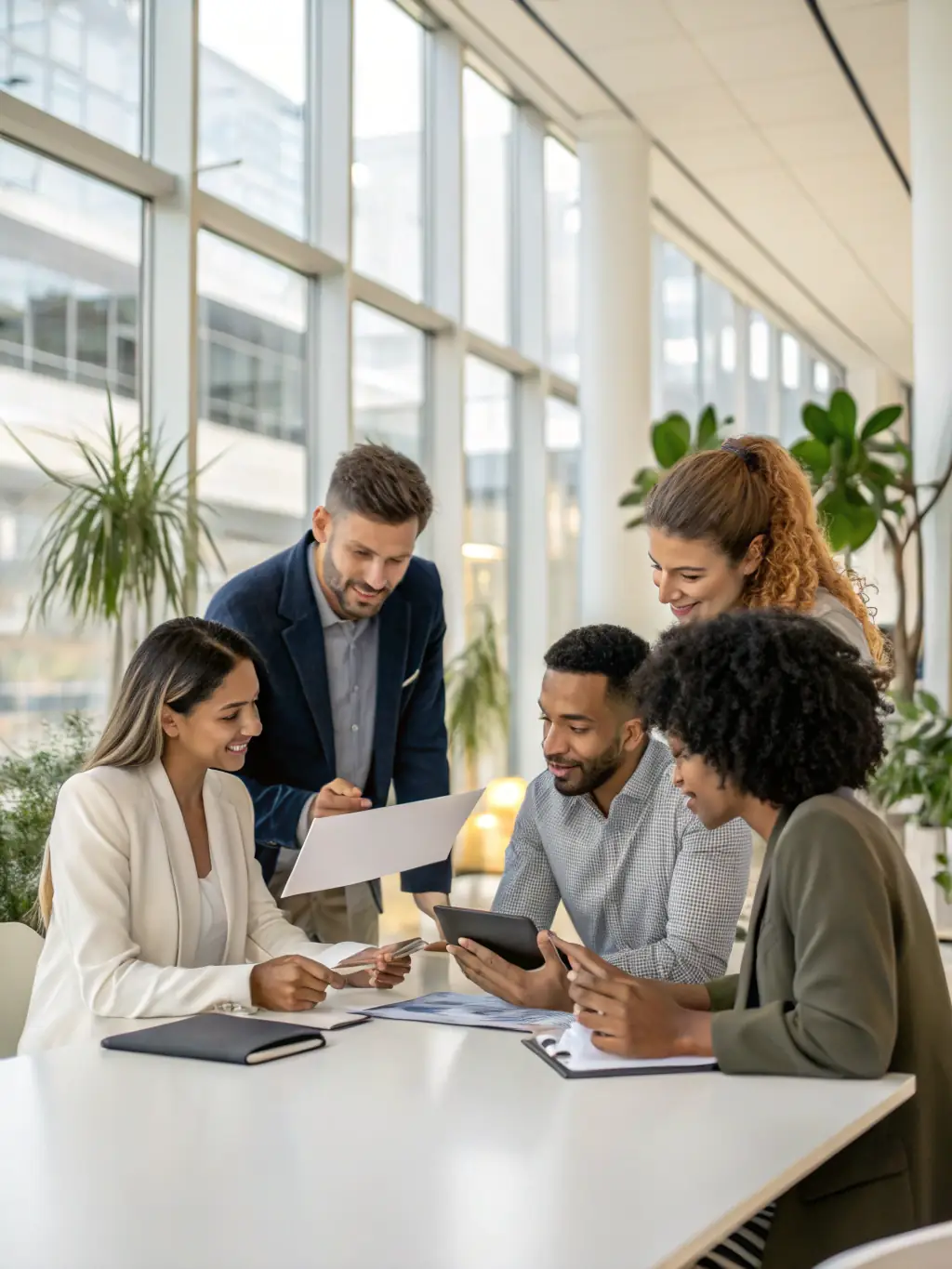 A diverse team of AI specialists at TRU VANTAGE collaborating on innovative solutions for small businesses, emphasizing our commitment to tailored AI services.